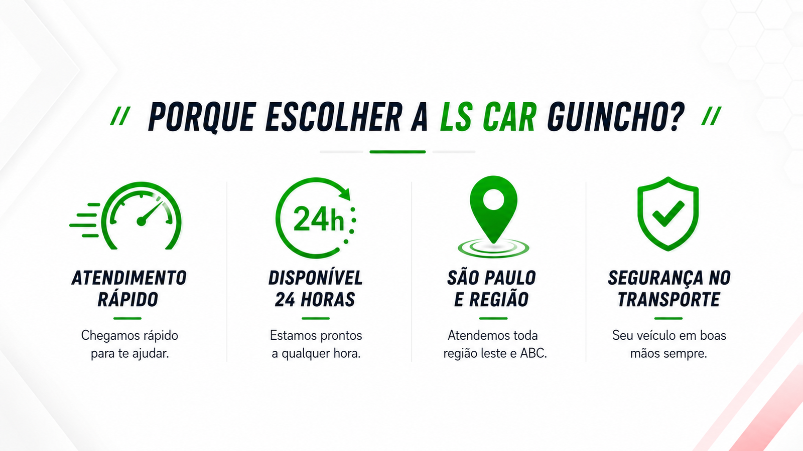 Porque escolher a LSCar Guincho: atendimento rápido, 24 horas, São Paulo e região, segurança no transporte